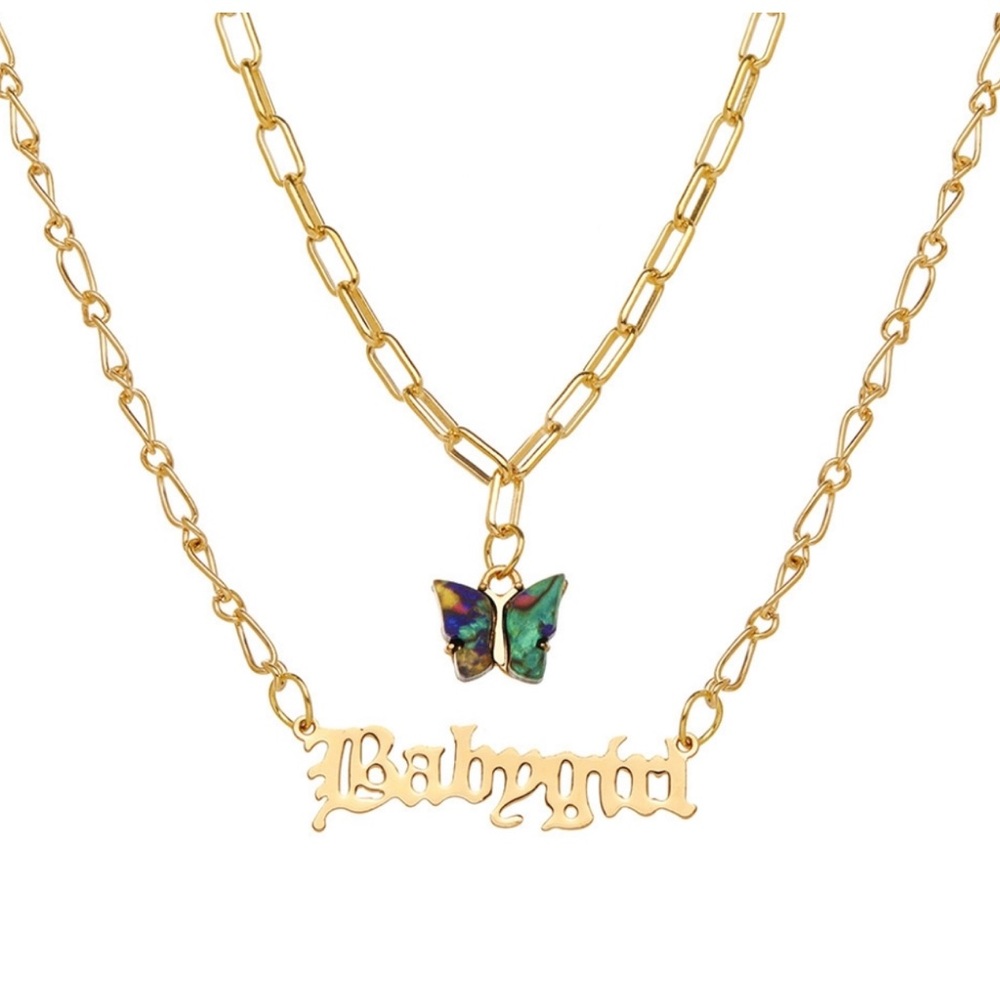 Gold Babygirl Crystal Butterfly Layered Necklace